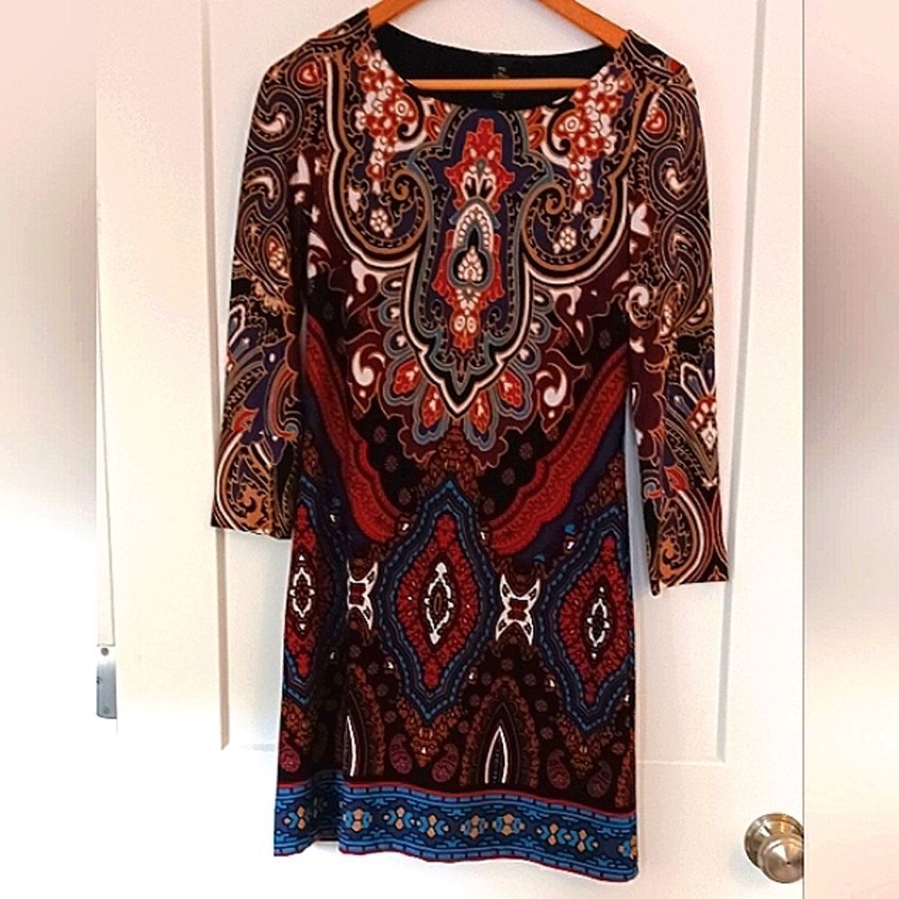 INC Scoopneck Paisley Sheath Dress 3/4 Sleeves Sz Small
